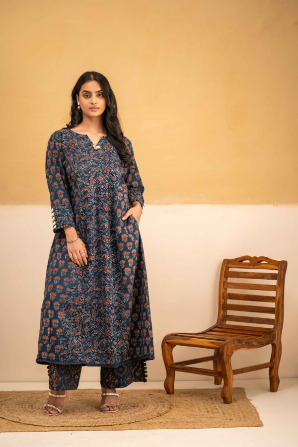 Indigo A-line Ajrakh Kurta with cowrie shell details