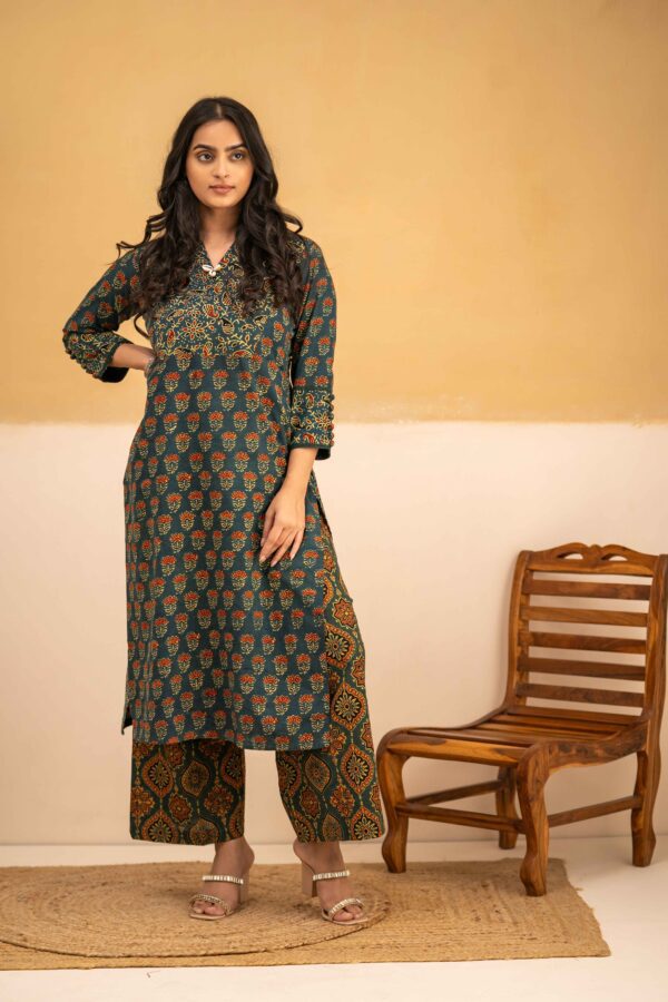 Dark Green Straight Ajrakh Kurta with cowrie shells details