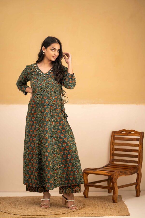 Dark Green Ajrakh Anarkali with cowrie shells