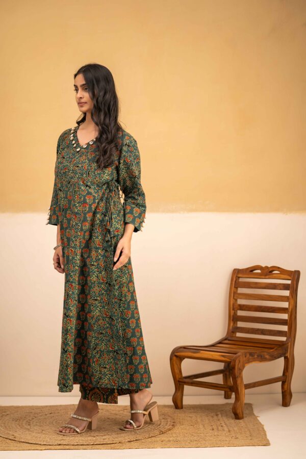 Dark Green Ajrakh Anarkali with cowrie shells - Image 2