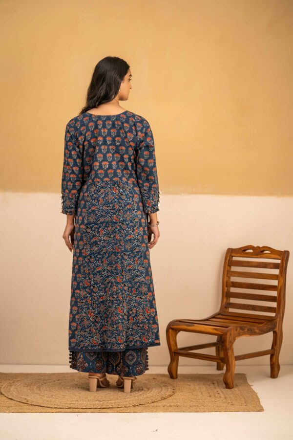 Indigo A-line Ajrakh Kurta with cowrie shell details - Image 2