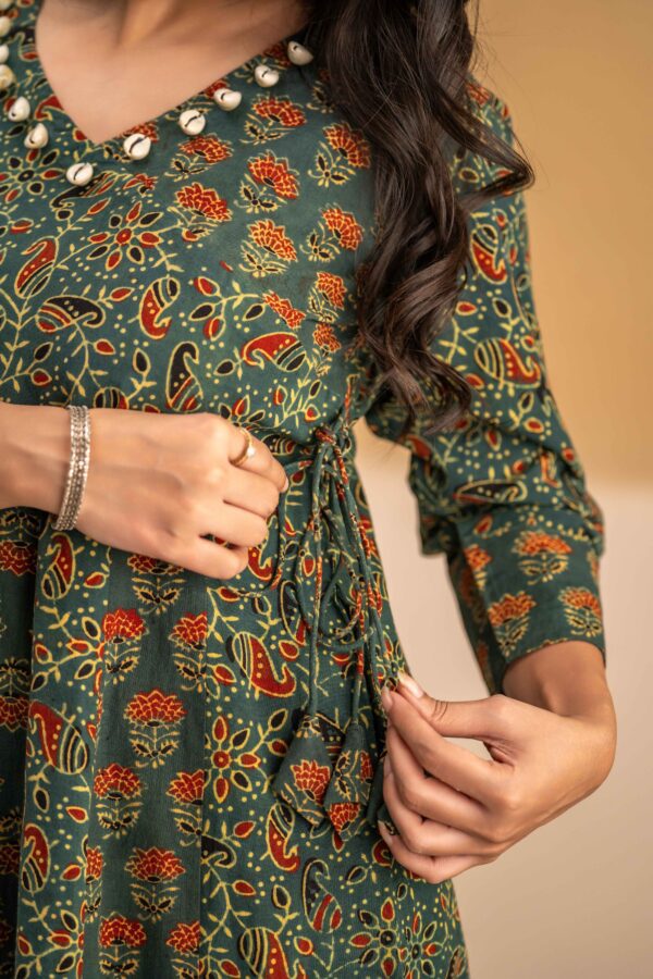 Dark Green Ajrakh Anarkali with cowrie shells - Image 6