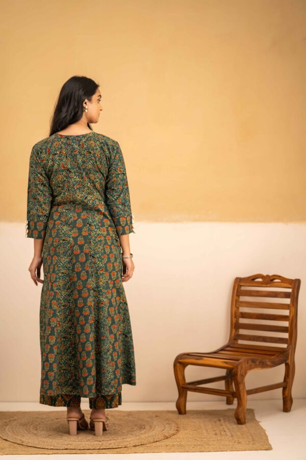 Dark Green Ajrakh Anarkali with cowrie shells - Image 5