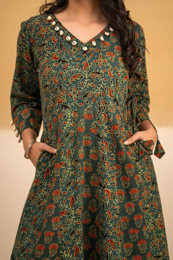 Dark Green Ajrakh Anarkali with cowrie shells - Image 3