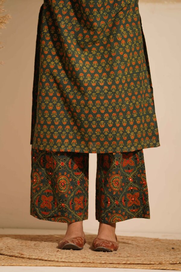 Hand Block Printed Ajrakh- Cotton Palazzo with Mirror & thread hand embroidery - Image 3