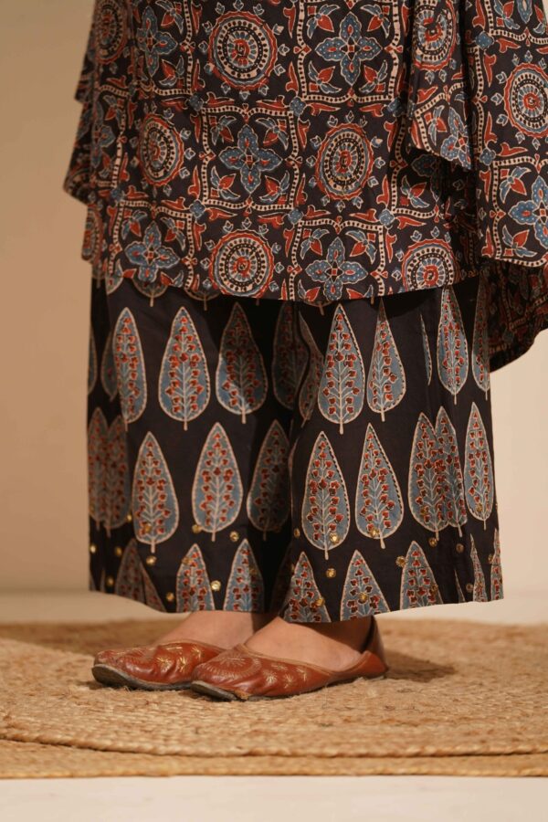 Hand Block Printed Ajrakh- Cotton Palazzo with zari hand embroidery
