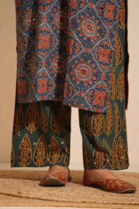Hand Block Printed Ajrakh- Cotton Palazzo with zari hand embroidery
