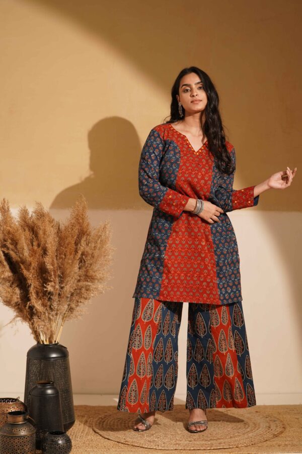 Hand Block Printed Ajrakh Cotton Short Kurta with Kalidaar Palazzo and mirror & thread hand embroidery - Image 5