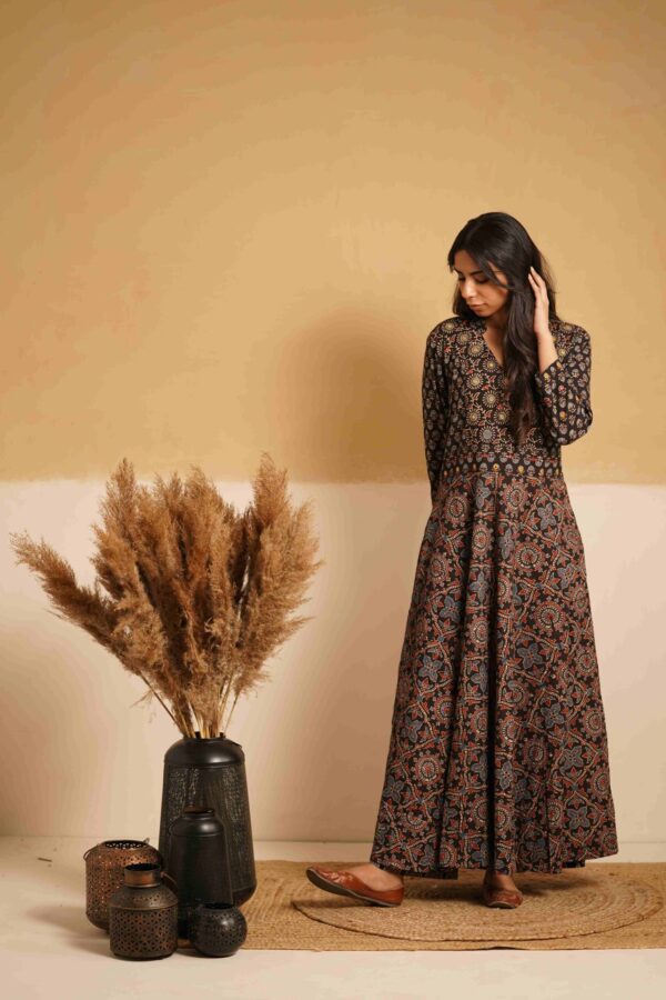 Hand Block Printed Ajrakh Cotton Flare Kurta with mirror & thread hand embroidery - Image 2