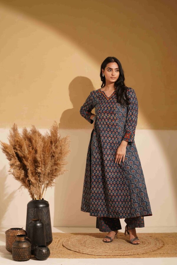 Hand Block Printed Ajrakh Cotton A-Line Kurta with mirror & thread hand embroidery