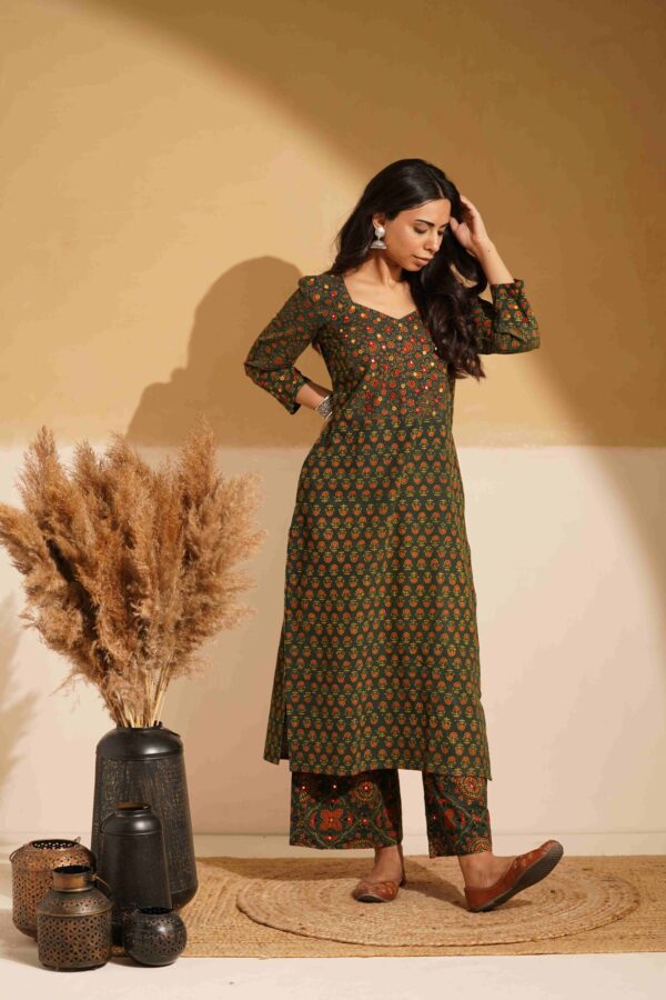 Hand Block Printed Ajrakh Cotton Straight Kurta with mirror & thread hand embroidery