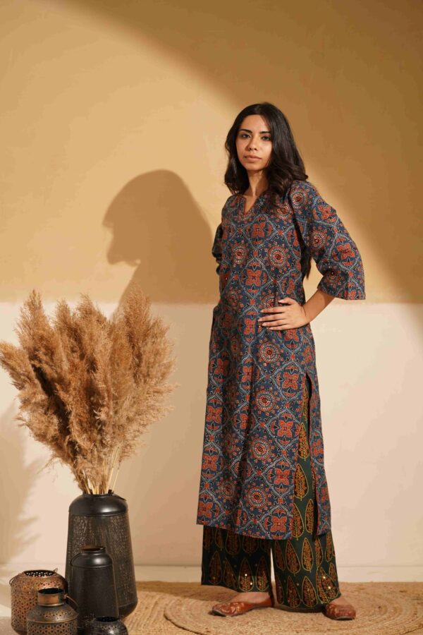 Hand Block Printed Ajrakh Cotton Straight Kurta with mirror & thread hand embroidery - Image 3