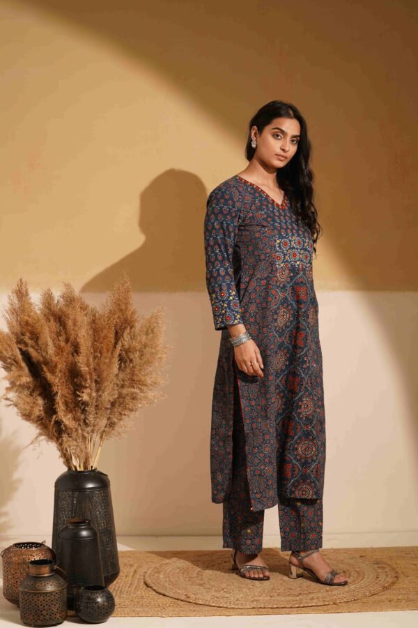 Hand Block Printed Ajrakh Cotton Straight Kurta with mirror & thread hand embroidery