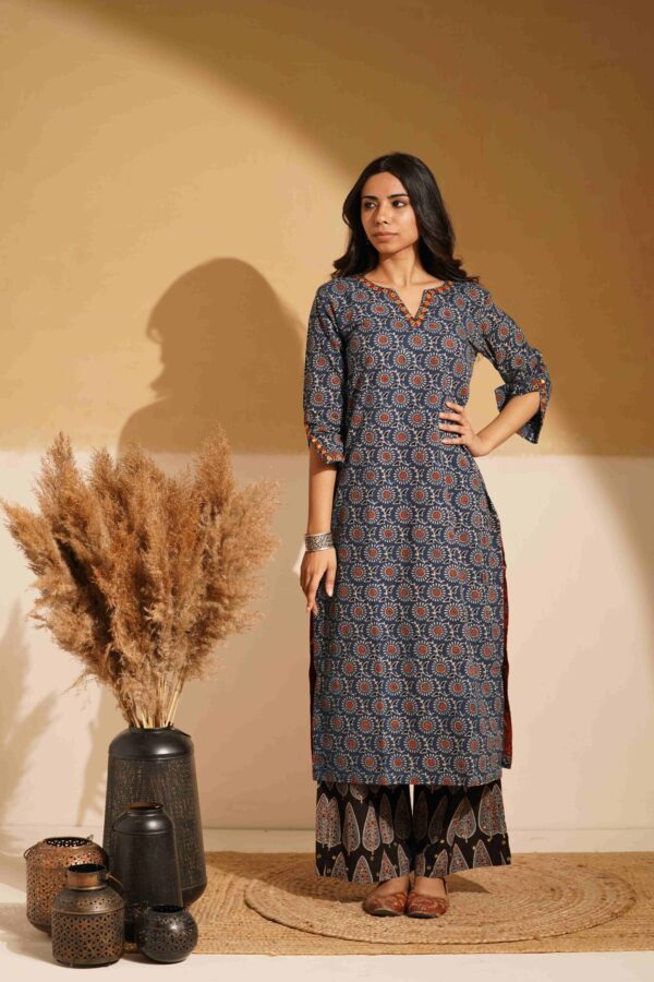 Hand Block Printed Ajrakh Cotton Straight Kurta with mirror & thread hand embroidery