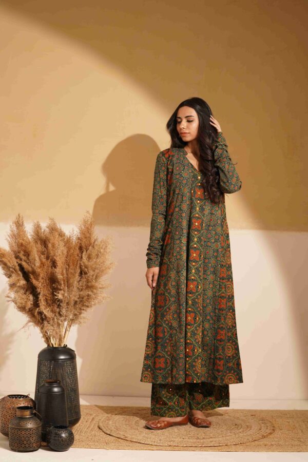 Hand Block Printed Ajrakh Cotton A-Line Kurta with mirror & thread hand embroidery