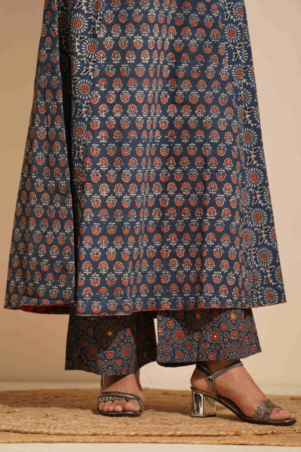 Hand Block Printed Ajrakh Cotton A-Line Kurta with mirror & thread hand embroidery - Image 10