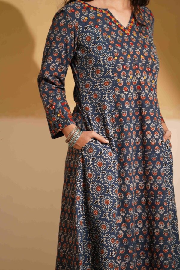 Hand Block Printed Ajrakh Cotton A-Line Kurta with mirror & thread hand embroidery - Image 11