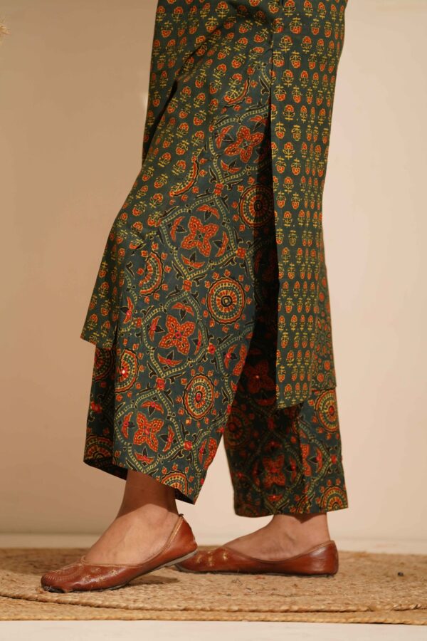 Hand Block Printed Ajrakh- Cotton Palazzo with Mirror & thread hand embroidery