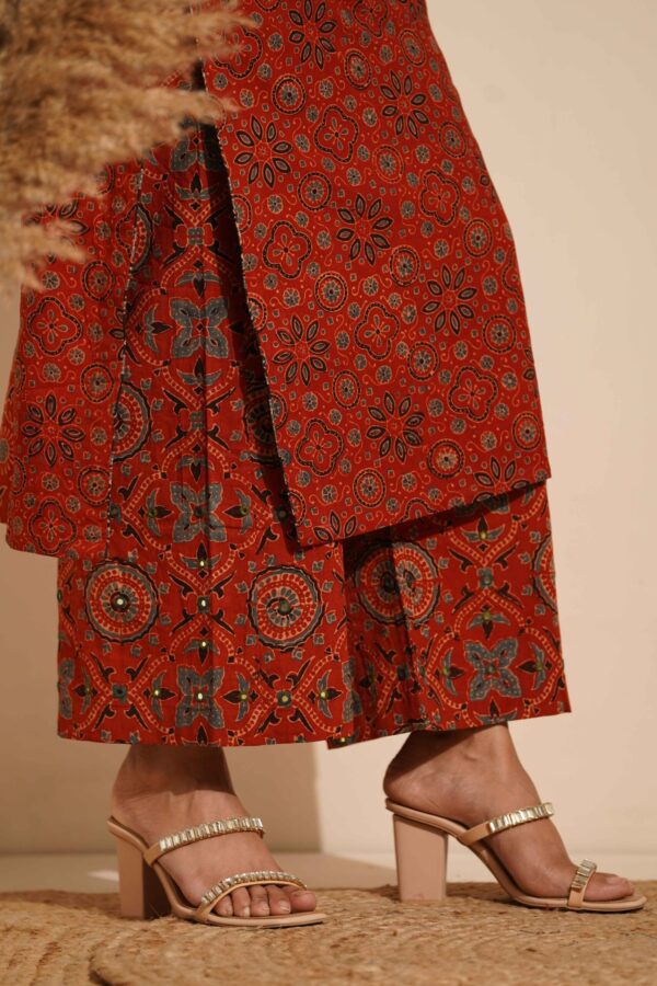 Hand Block Printed Ajrakh- Cotton Palazzo with Mirror & thread hand embroidery