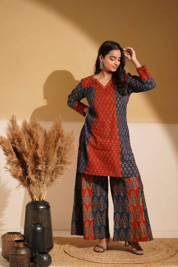 Hand Block Printed Ajrakh Cotton Short Kurta with Kalidaar Palazzo and mirror & thread hand embroidery - Image 6