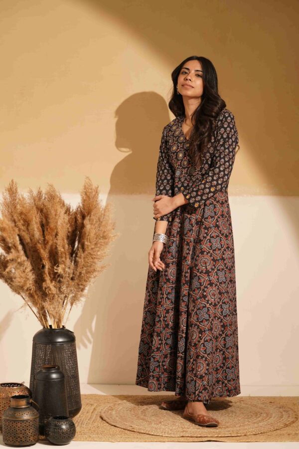 Hand Block Printed Ajrakh Cotton Flare Kurta with mirror & thread hand embroidery - Image 3