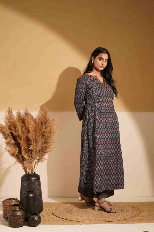 Hand Block Printed Ajrakh Cotton A-Line Kurta with mirror & thread hand embroidery - Image 2