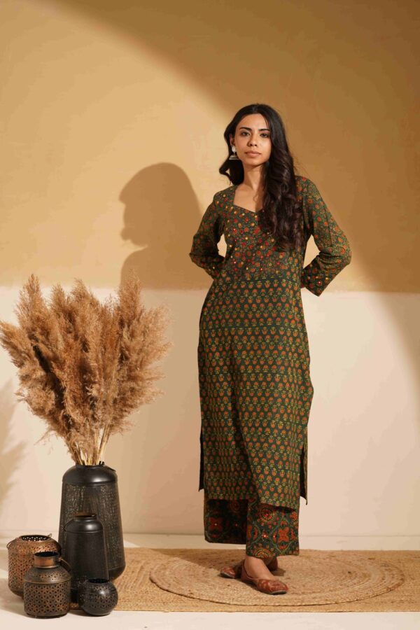 Hand Block Printed Ajrakh Cotton Straight Kurta with mirror & thread hand embroidery - Image 2