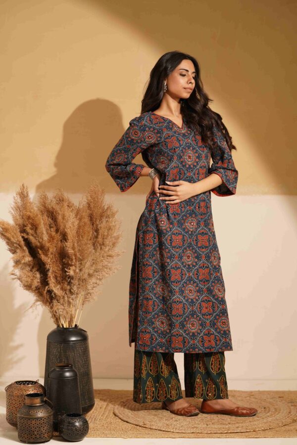 Hand Block Printed Ajrakh Cotton Straight Kurta with mirror & thread hand embroidery