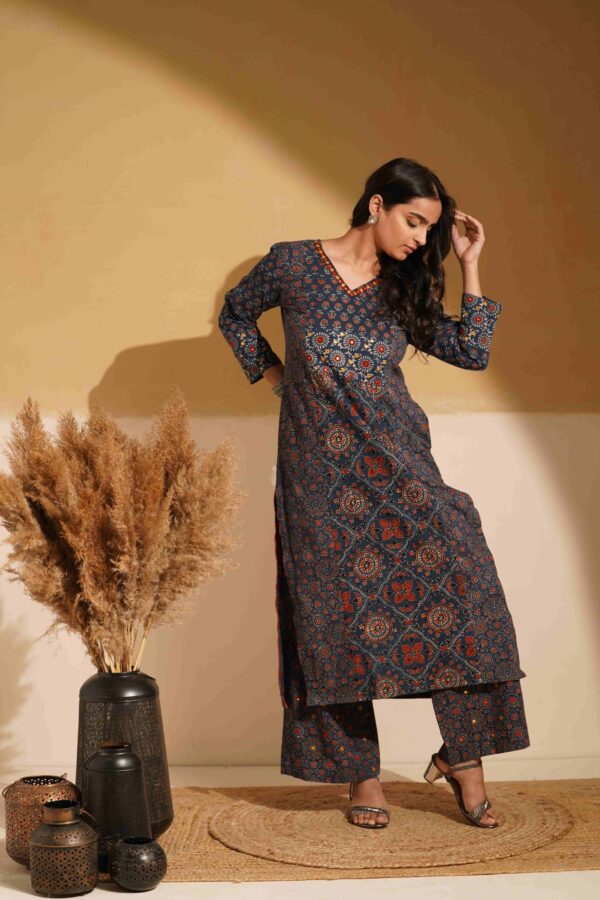 Hand Block Printed Ajrakh Cotton Straight Kurta with mirror & thread hand embroidery - Image 3