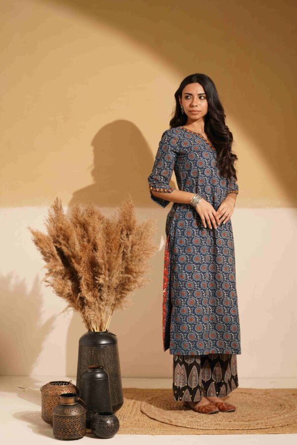 Hand Block Printed Ajrakh Cotton Straight Kurta with mirror & thread hand embroidery - Image 3