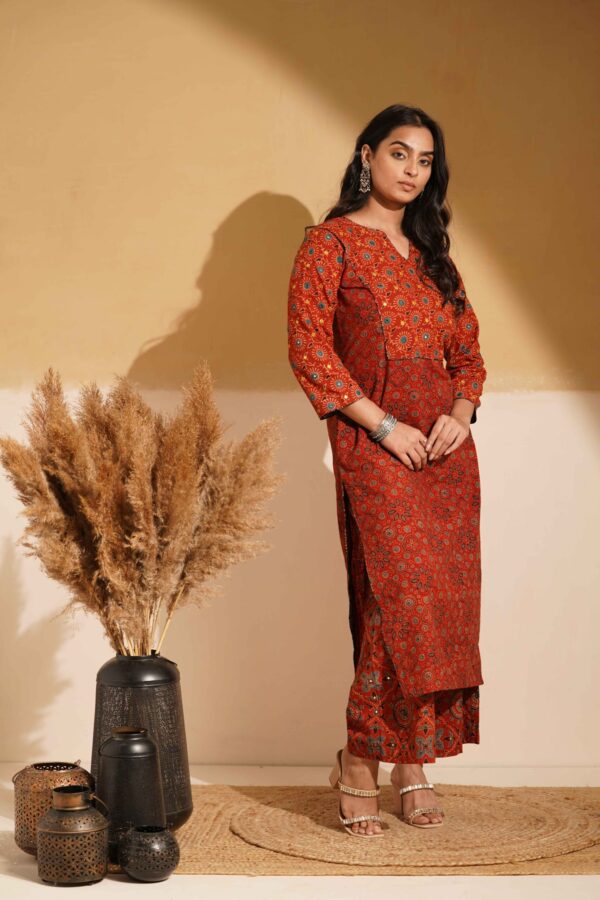 Hand Block Printed Ajrakh Cotton Straight Kurta with mirror & thread hand embroidery - Image 3