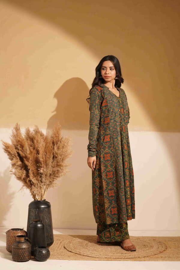 Hand Block Printed Ajrakh Cotton A-Line Kurta with mirror & thread hand embroidery - Image 2