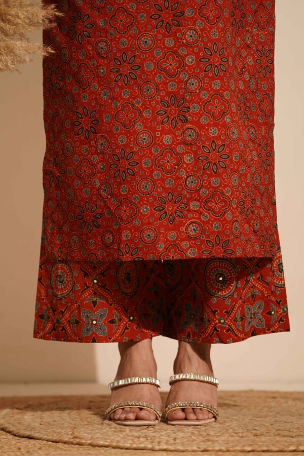Hand Block Printed Ajrakh- Cotton Palazzo with Mirror & thread hand embroidery - Image 2