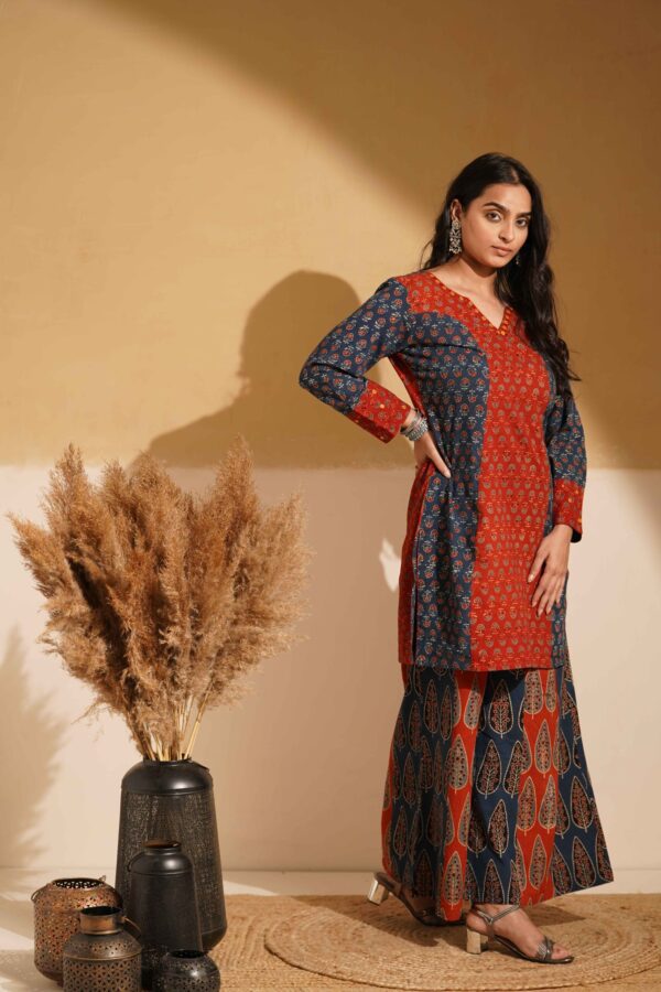 Hand Block Printed Ajrakh Cotton Short Kurta with Kalidaar Palazzo and mirror & thread hand embroidery