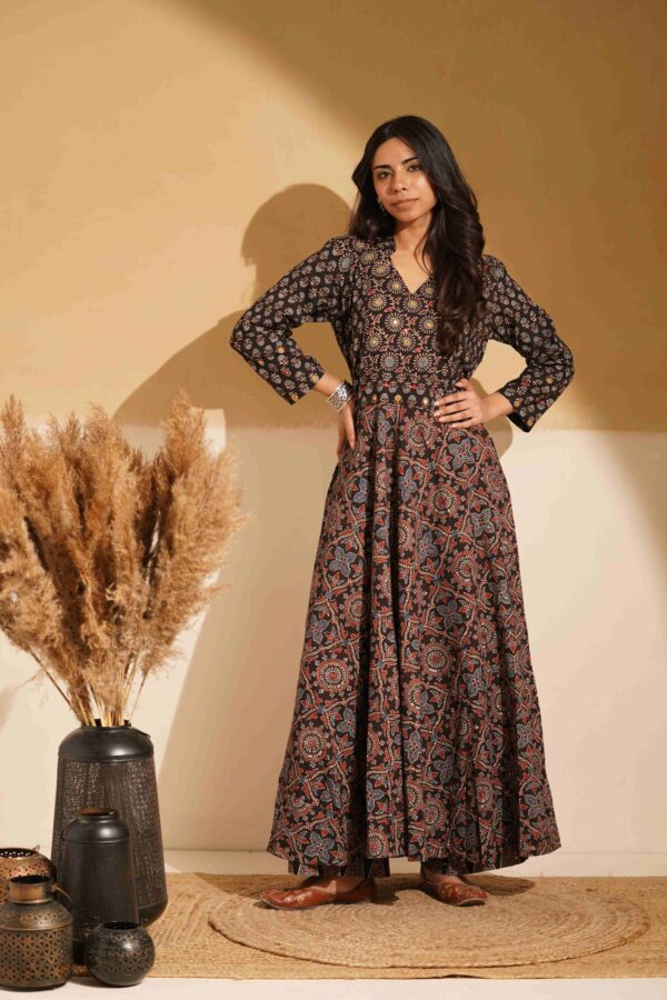 Hand Block Printed Ajrakh Cotton Flare Kurta with mirror & thread hand embroidery