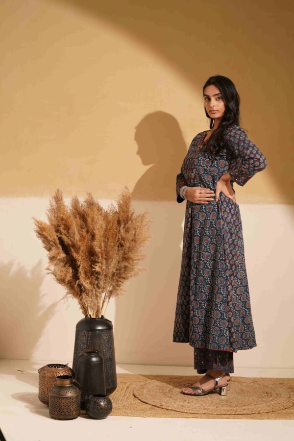 Hand Block Printed Ajrakh Cotton A-Line Kurta with mirror & thread hand embroidery - Image 3