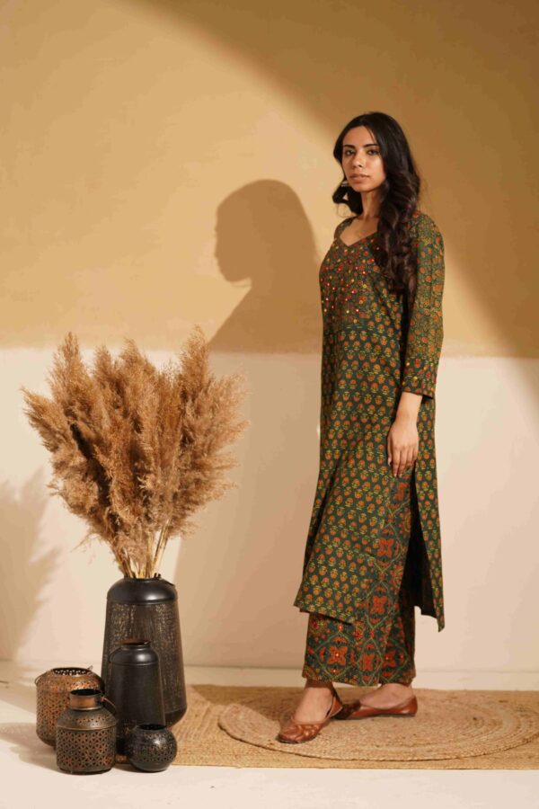 Hand Block Printed Ajrakh Cotton Straight Kurta with mirror & thread hand embroidery - Image 3