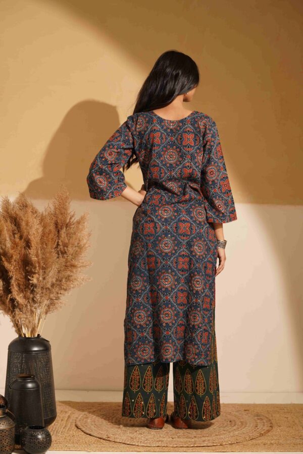 Hand Block Printed Ajrakh Cotton Straight Kurta with mirror & thread hand embroidery - Image 4