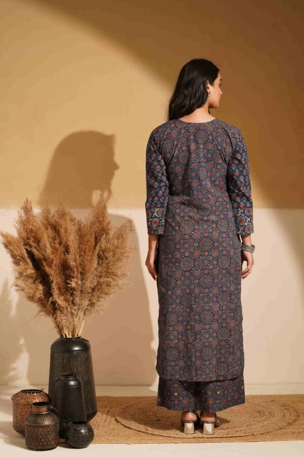 Hand Block Printed Ajrakh Cotton Straight Kurta with mirror & thread hand embroidery - Image 4