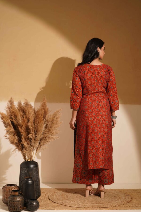 Hand Block Printed Ajrakh Cotton Straight Kurta with mirror & thread hand embroidery - Image 4