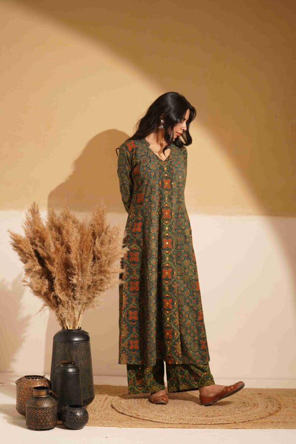 Hand Block Printed Ajrakh Cotton A-Line Kurta with mirror & thread hand embroidery - Image 3