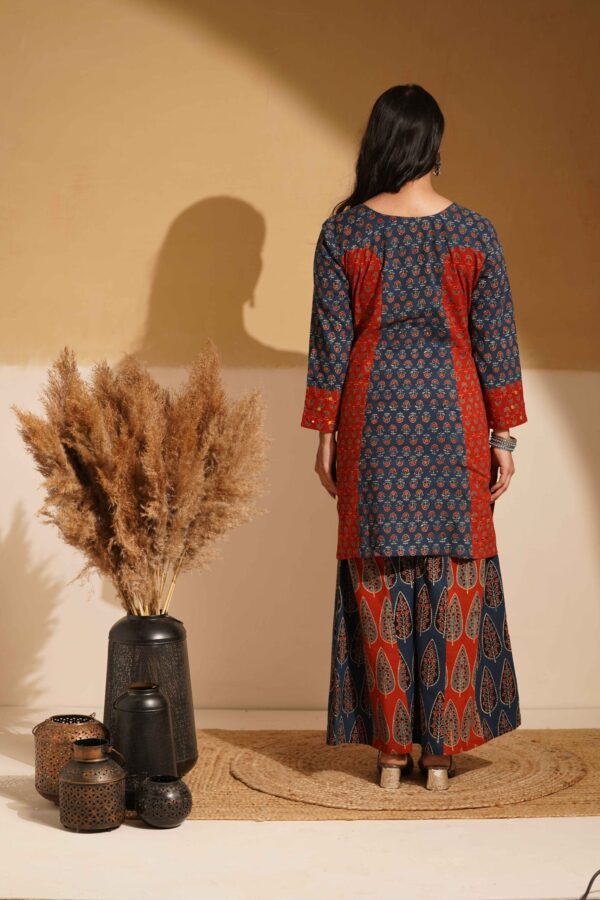Hand Block Printed Ajrakh Cotton Short Kurta with Kalidaar Palazzo and mirror & thread hand embroidery - Image 7