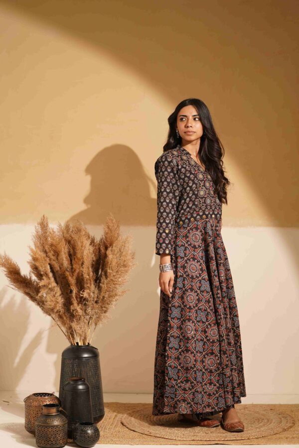 Hand Block Printed Ajrakh Cotton Flare Kurta with mirror & thread hand embroidery - Image 4