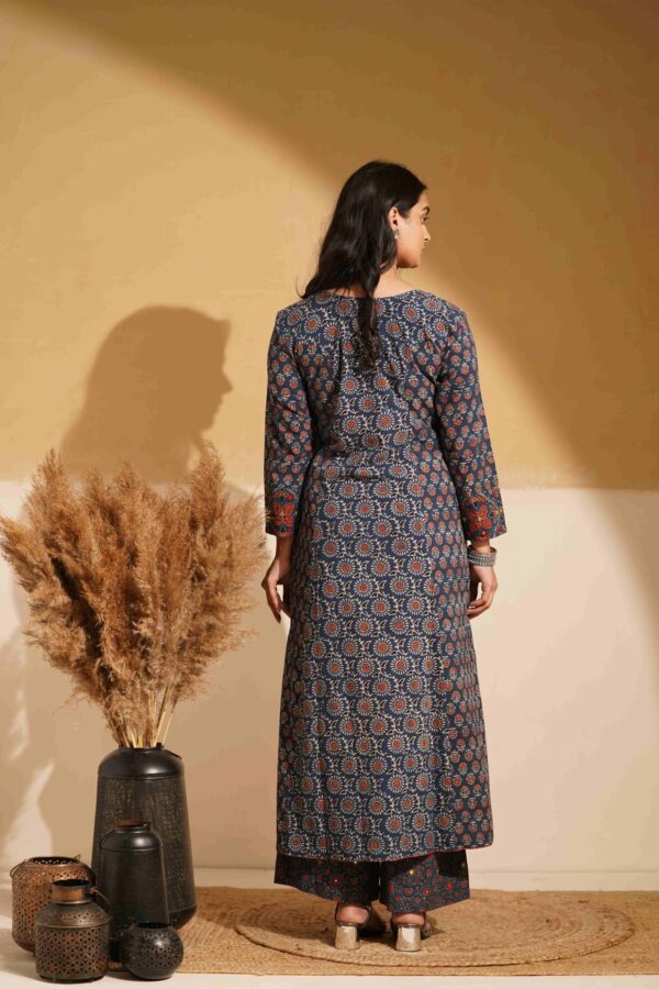 Hand Block Printed Ajrakh Cotton A-Line Kurta with mirror & thread hand embroidery - Image 4