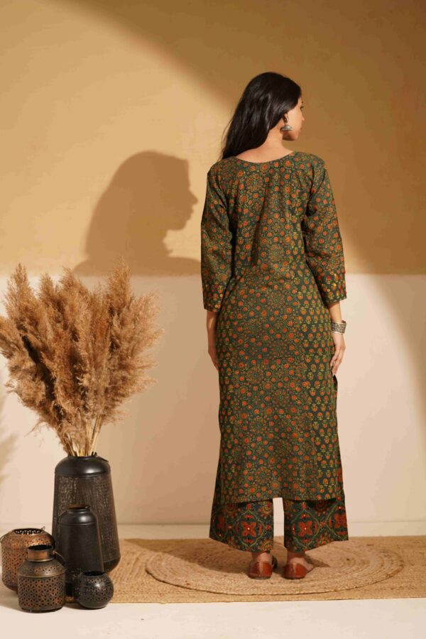 Hand Block Printed Ajrakh Cotton Straight Kurta with mirror & thread hand embroidery - Image 4