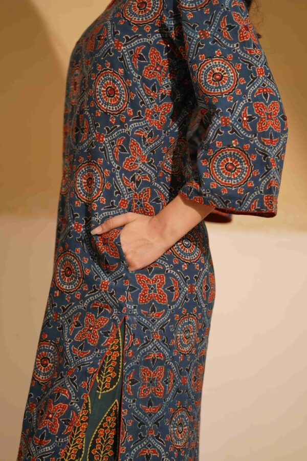 Hand Block Printed Ajrakh Cotton Straight Kurta with mirror & thread hand embroidery - Image 5