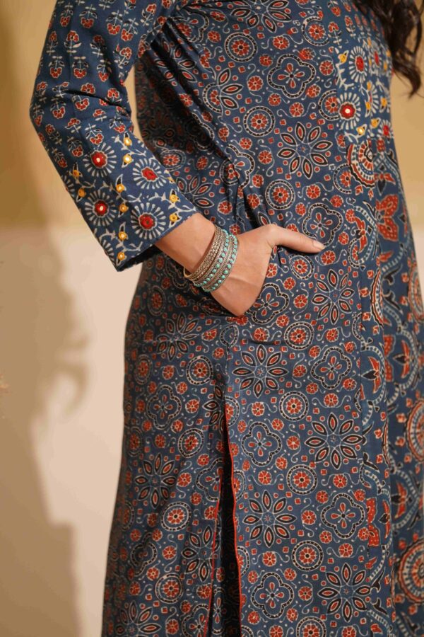 Hand Block Printed Ajrakh Cotton Straight Kurta with mirror & thread hand embroidery - Image 5