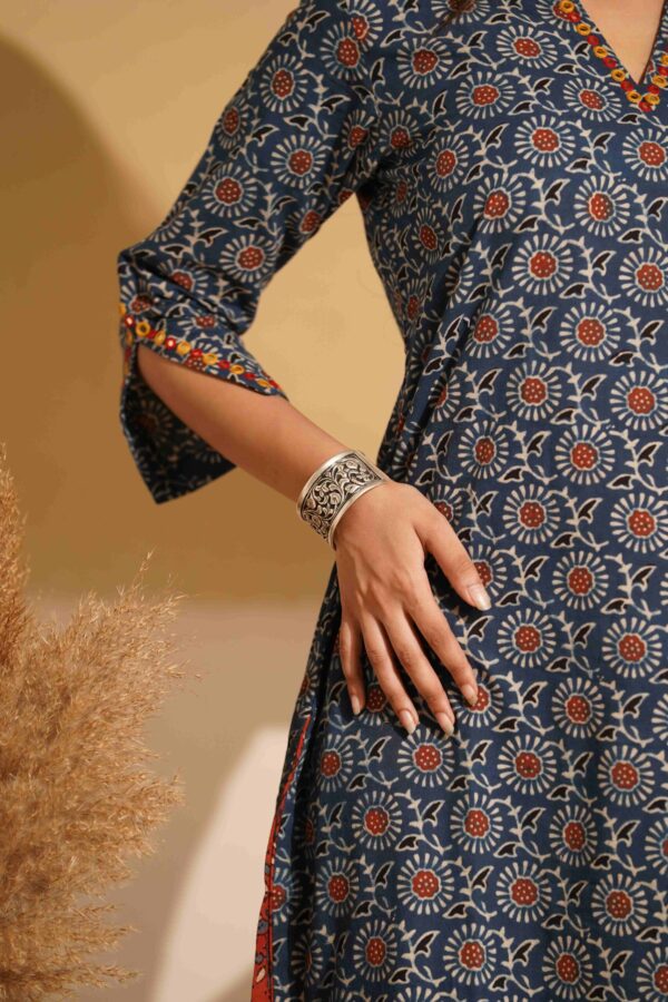 Hand Block Printed Ajrakh Cotton Straight Kurta with mirror & thread hand embroidery - Image 5