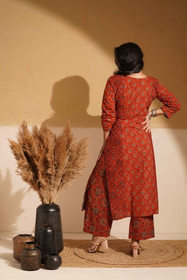 Hand Block Printed Ajrakh Cotton Straight Kurta with mirror & thread hand embroidery - Image 5