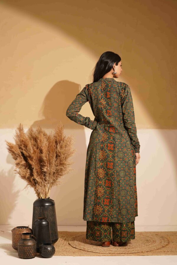 Hand Block Printed Ajrakh Cotton A-Line Kurta with mirror & thread hand embroidery - Image 4